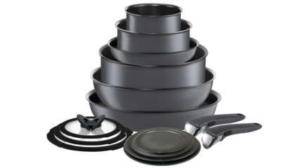 T-FAL T-fal Ingenio The Genius Cooking System, Platinum Non-Stick, 14 Pc Cookware  Set, Smoke Grey L817SE74