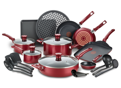 T-fal Easy Care Nonstick Cookware, 20 Piece Set, Red, Dishwasher Safe 